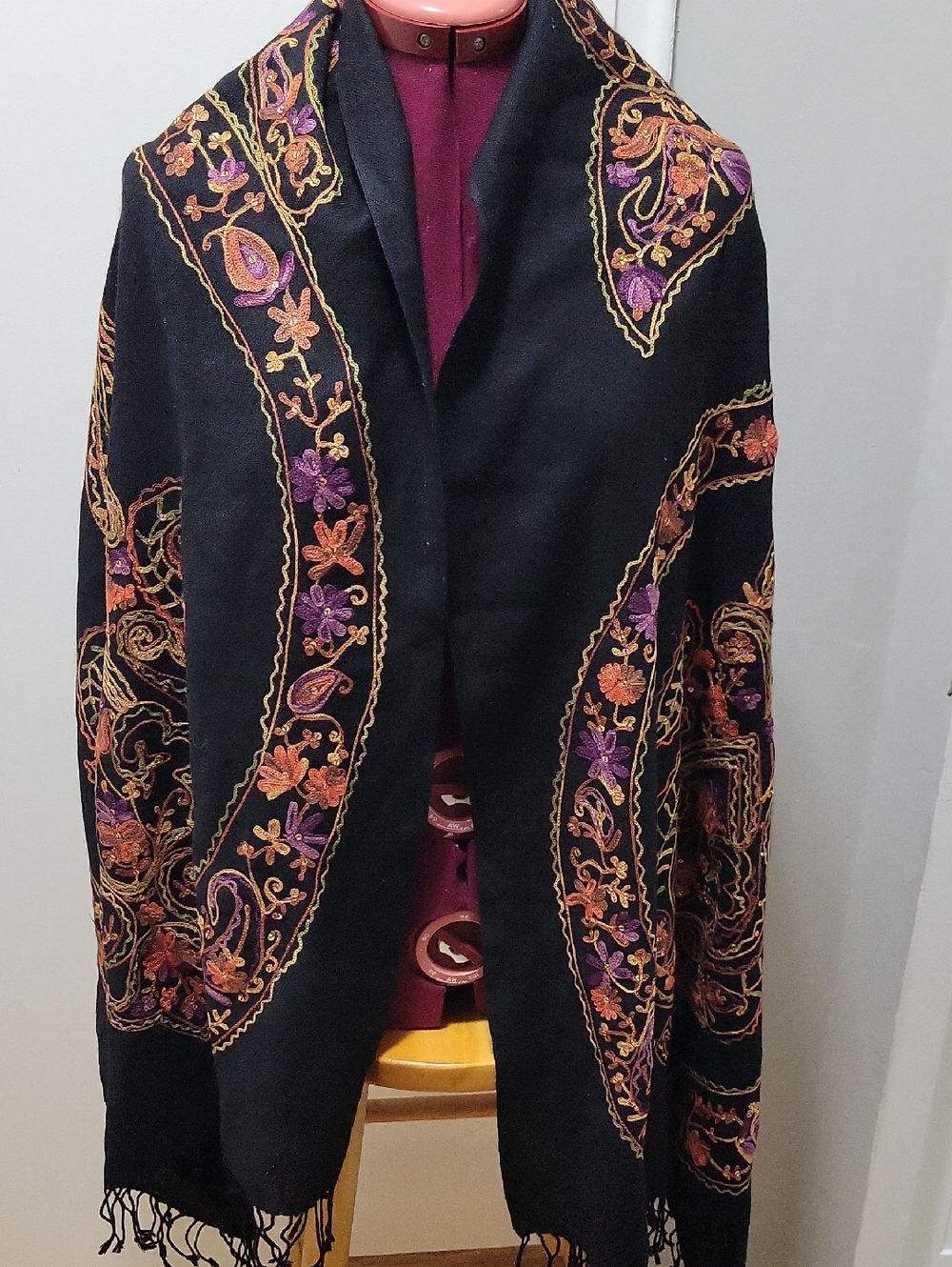 Riccini  Black Embroidered Shawl Coat with Purple & Orange Accents